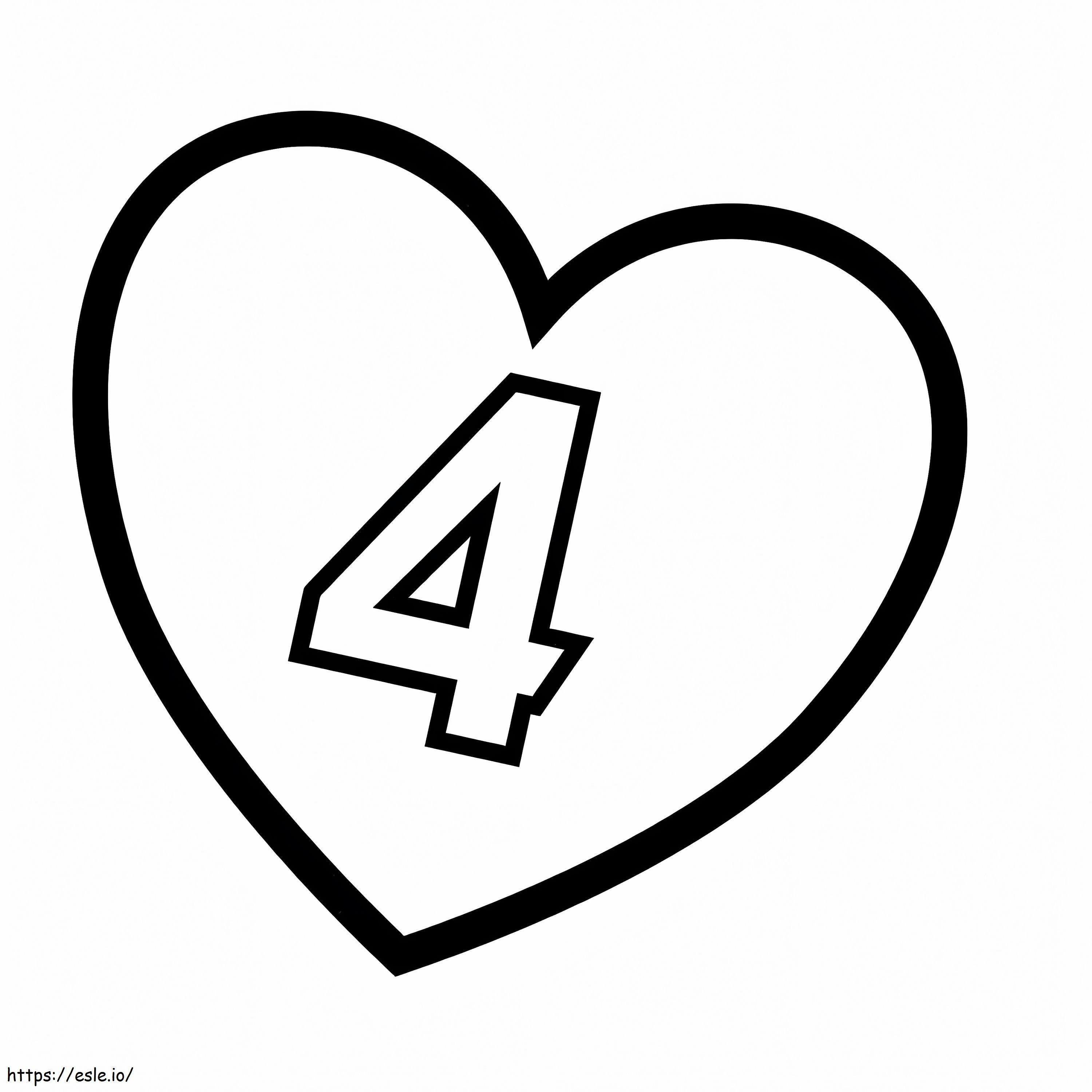 Número 4 no coração para colorir