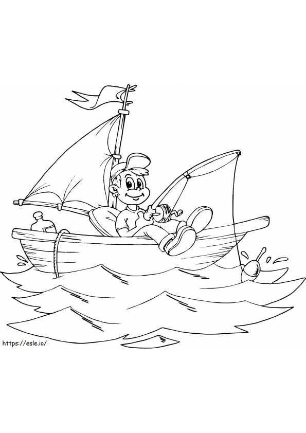 Coloriage garçon souriant, sur, bateau à imprimer dessin