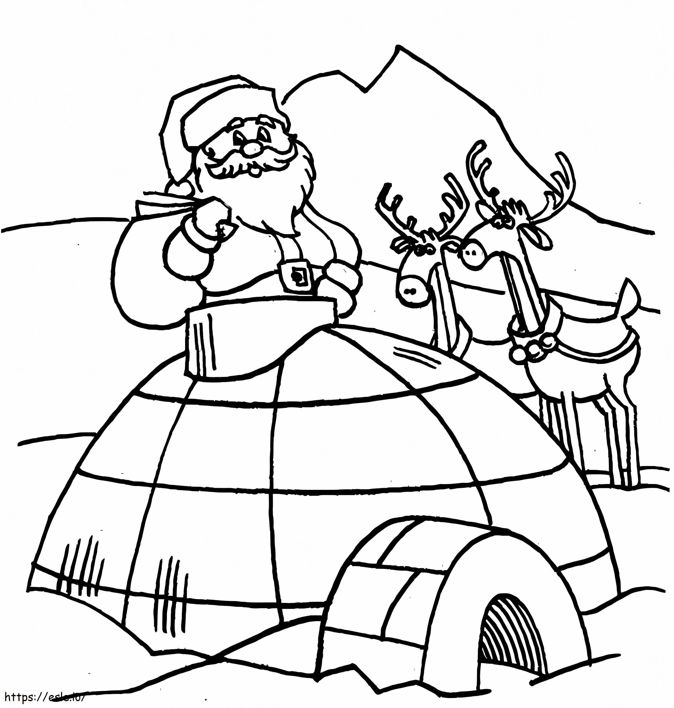 Coloriage Père Noël et deux rennes avec igloo à imprimer dessin