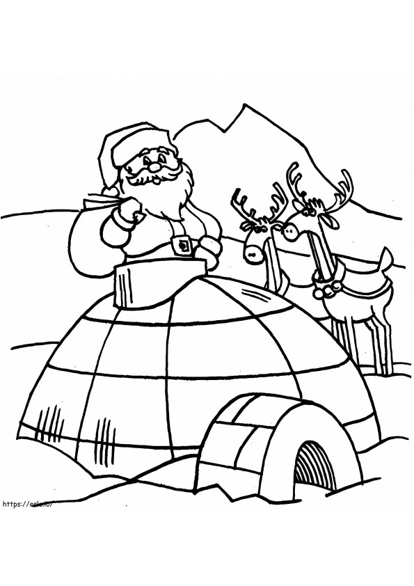 Papai Noel e duas renas com iglu para colorir
