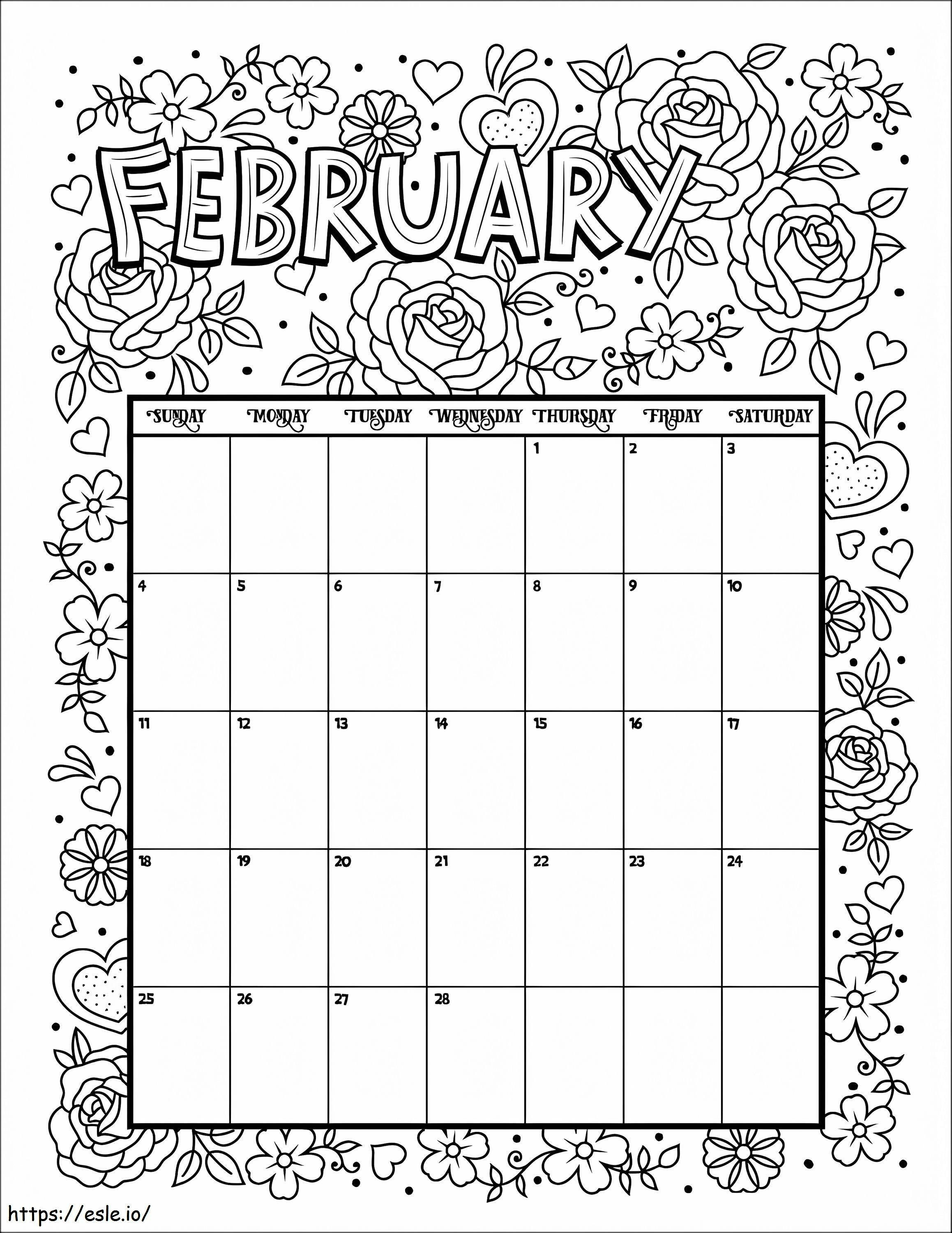 Pagina da colorare di febbraio del calendario da colorare