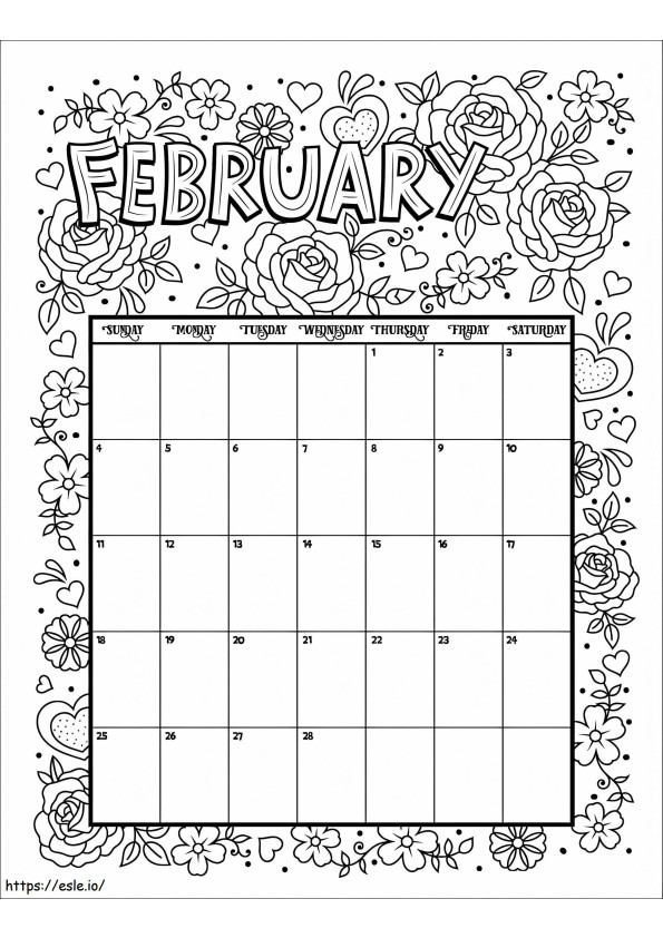 Página para colorir calendário de fevereiro para colorir