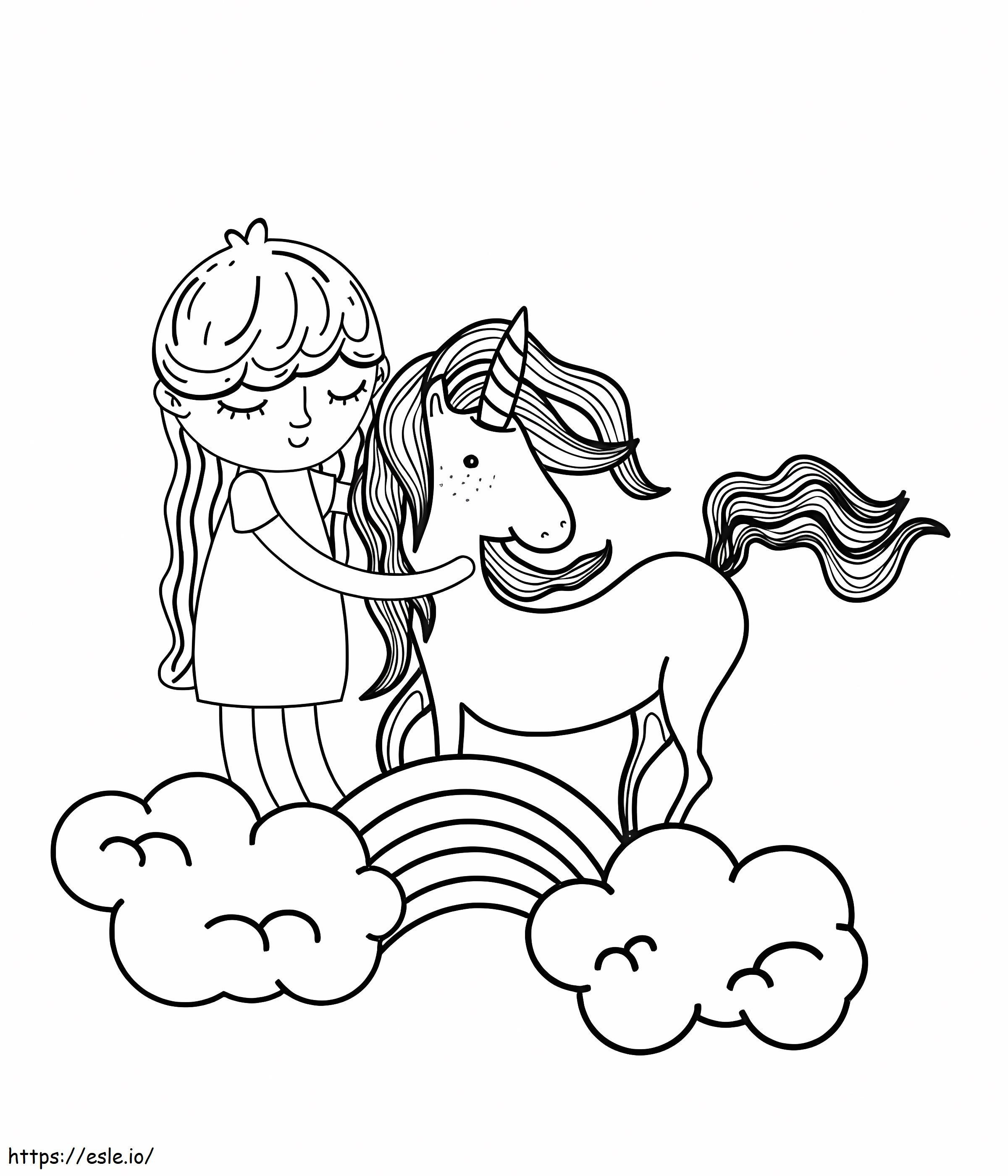 Coloriage Fille avec licorne sur arc-en-ciel à imprimer dessin