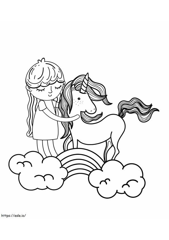 Gökkuşağı üzerinde tek boynuzlu at olan kız boyama
