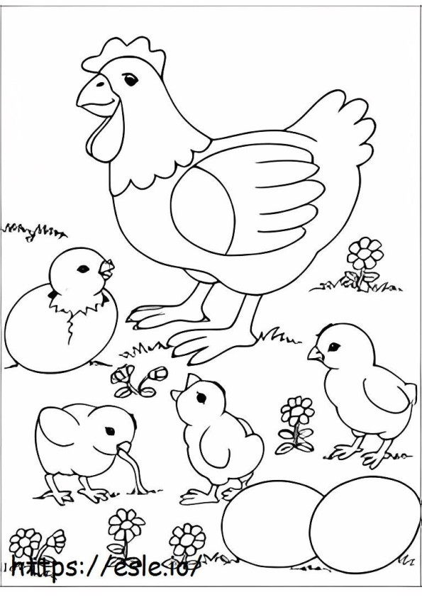 Four Little Chicks And Hen coloring page