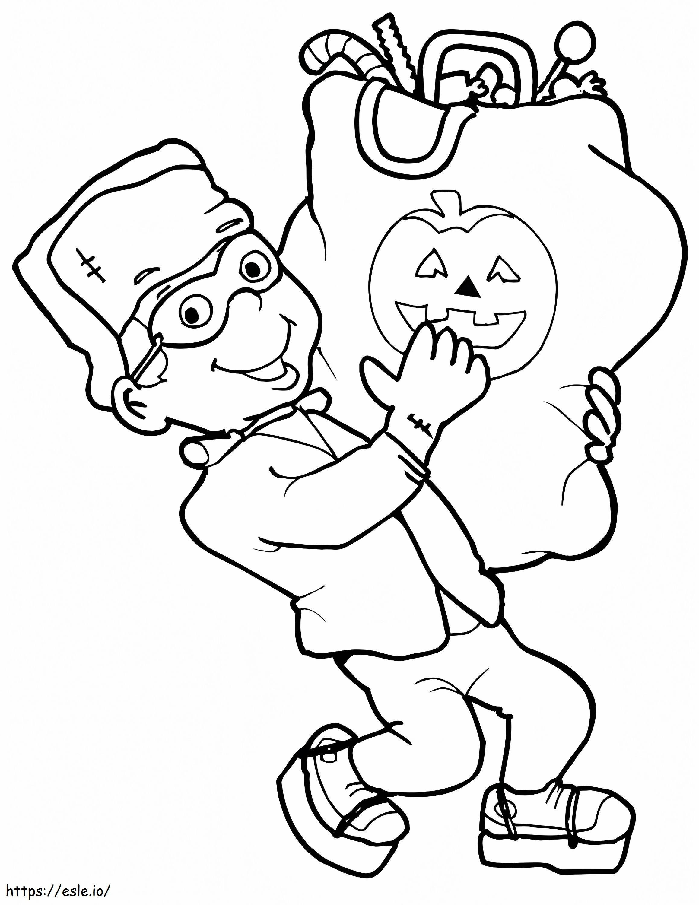  Foglio da colorare Frankenstein Piccolo con borsa piena di caramelle In piccolo cartone animato Halloween Frankenstein stampabile da colorare