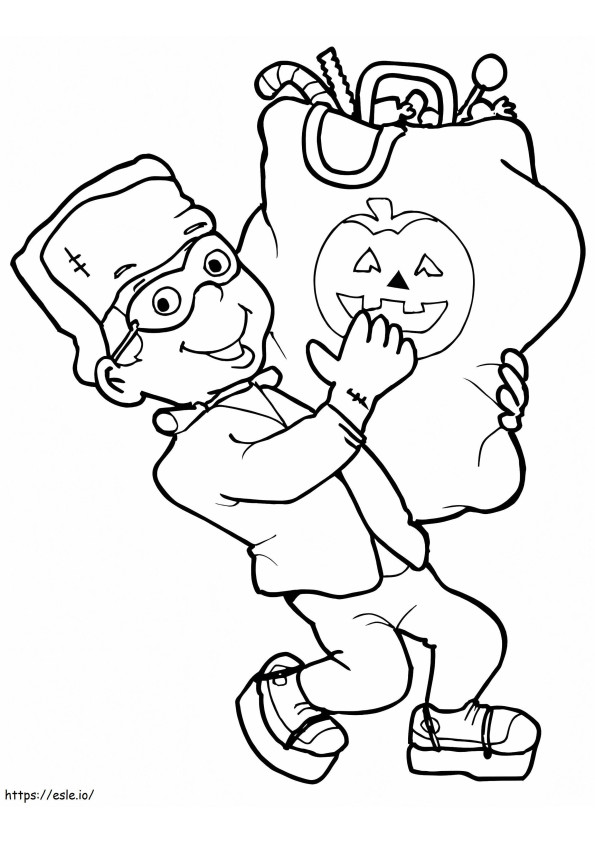  Frankenstein väritysarkki Little, jossa pussi täynnä karkkia pienessä sarjakuvassa Halloween Frankenstein tulostettava värityskuva