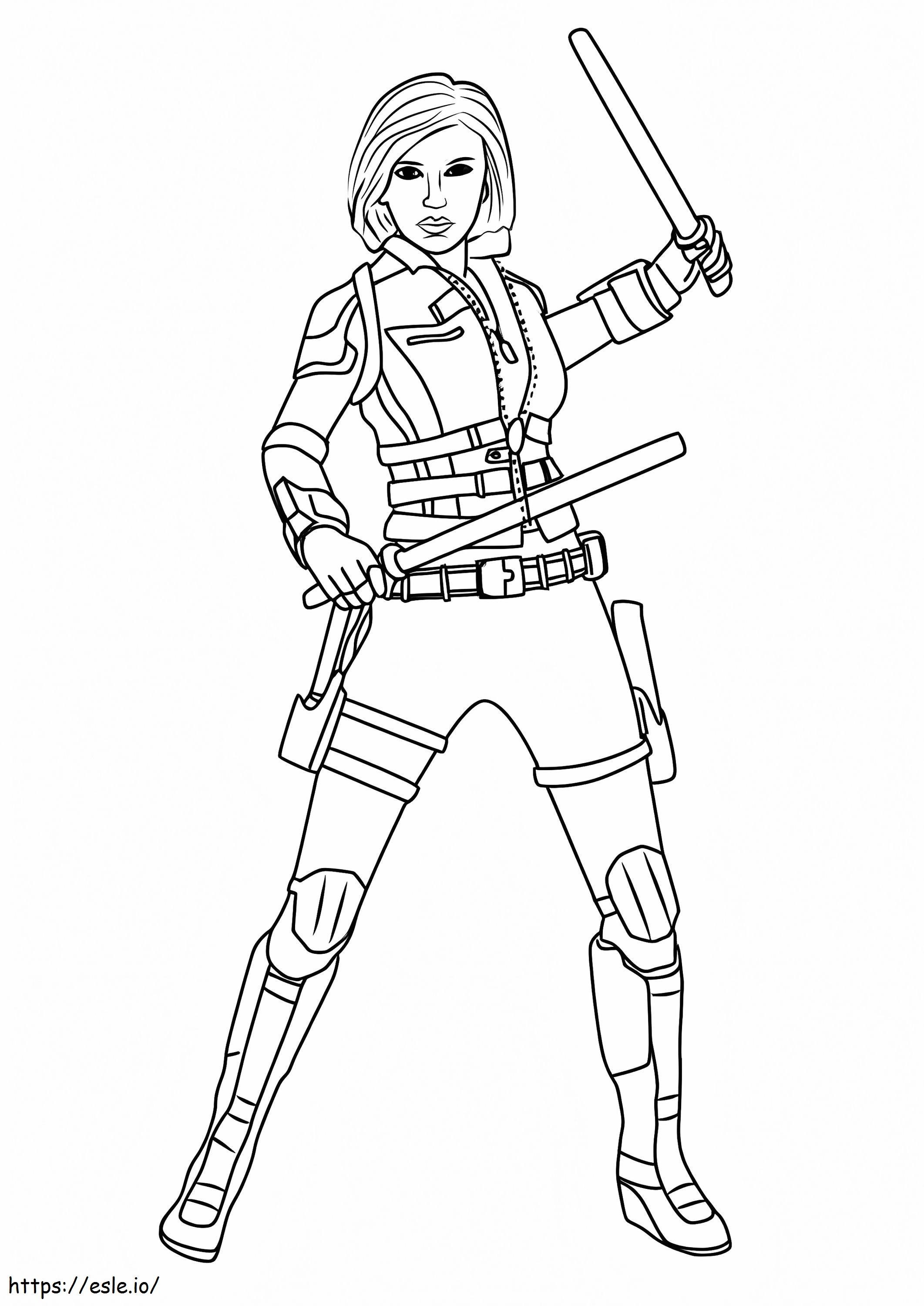 Black Widow Holding Two Sticks coloring page