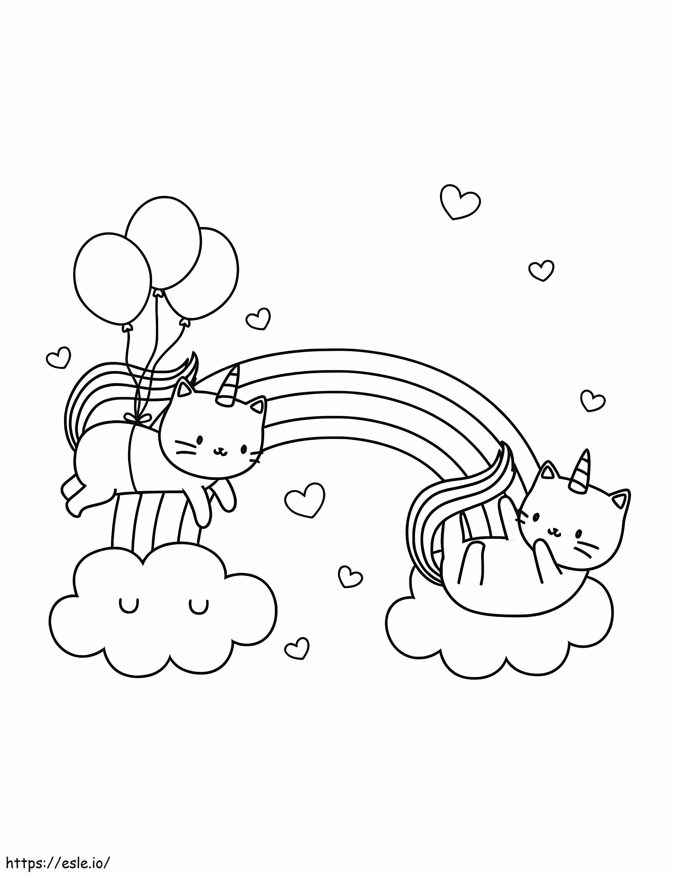 Coloriage Deux chats licorne avec arc-en-ciel à imprimer dessin