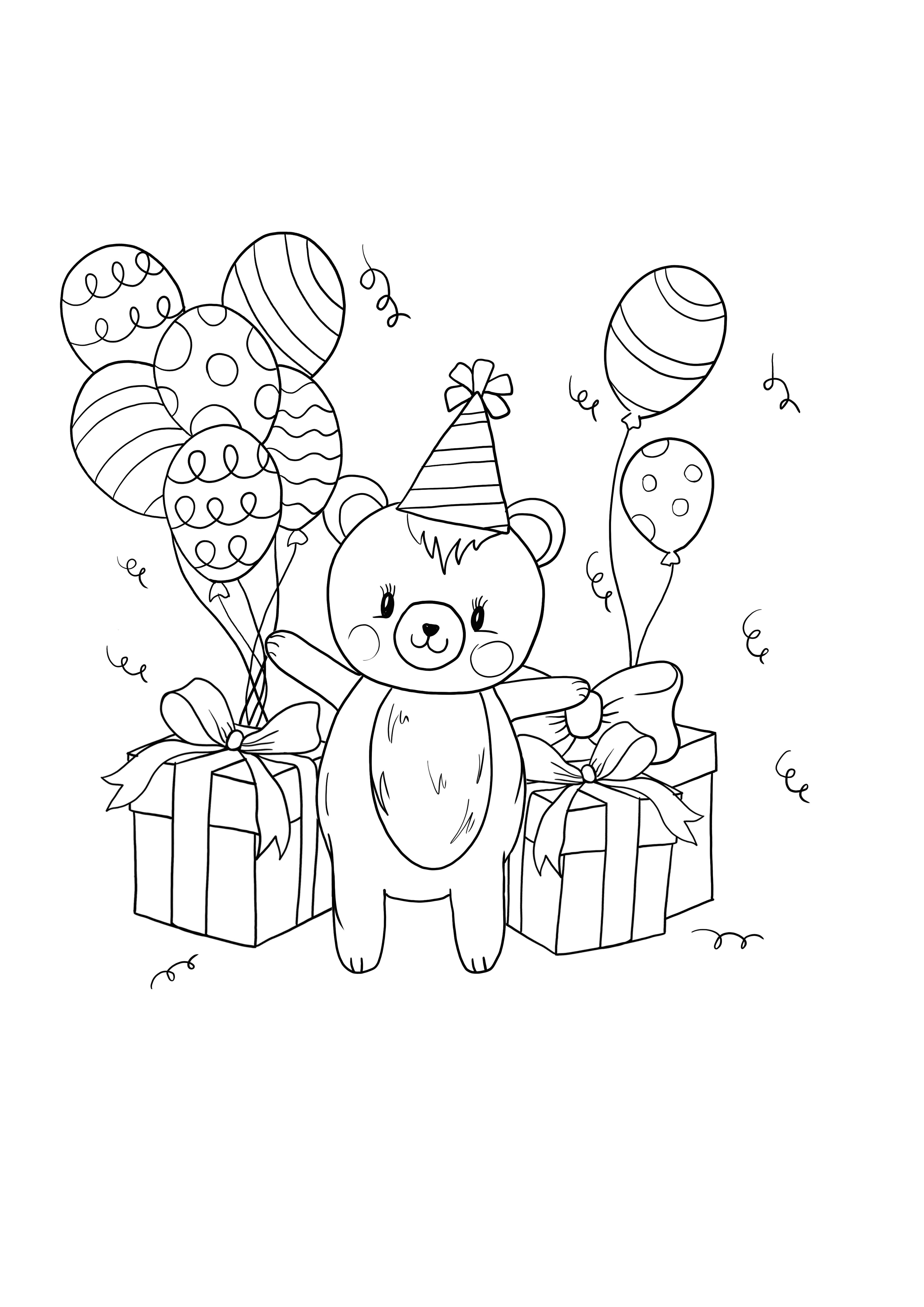 Verjaardag teddy cadeaus en ballonnen gratis printen en kleuren kleurplaat
