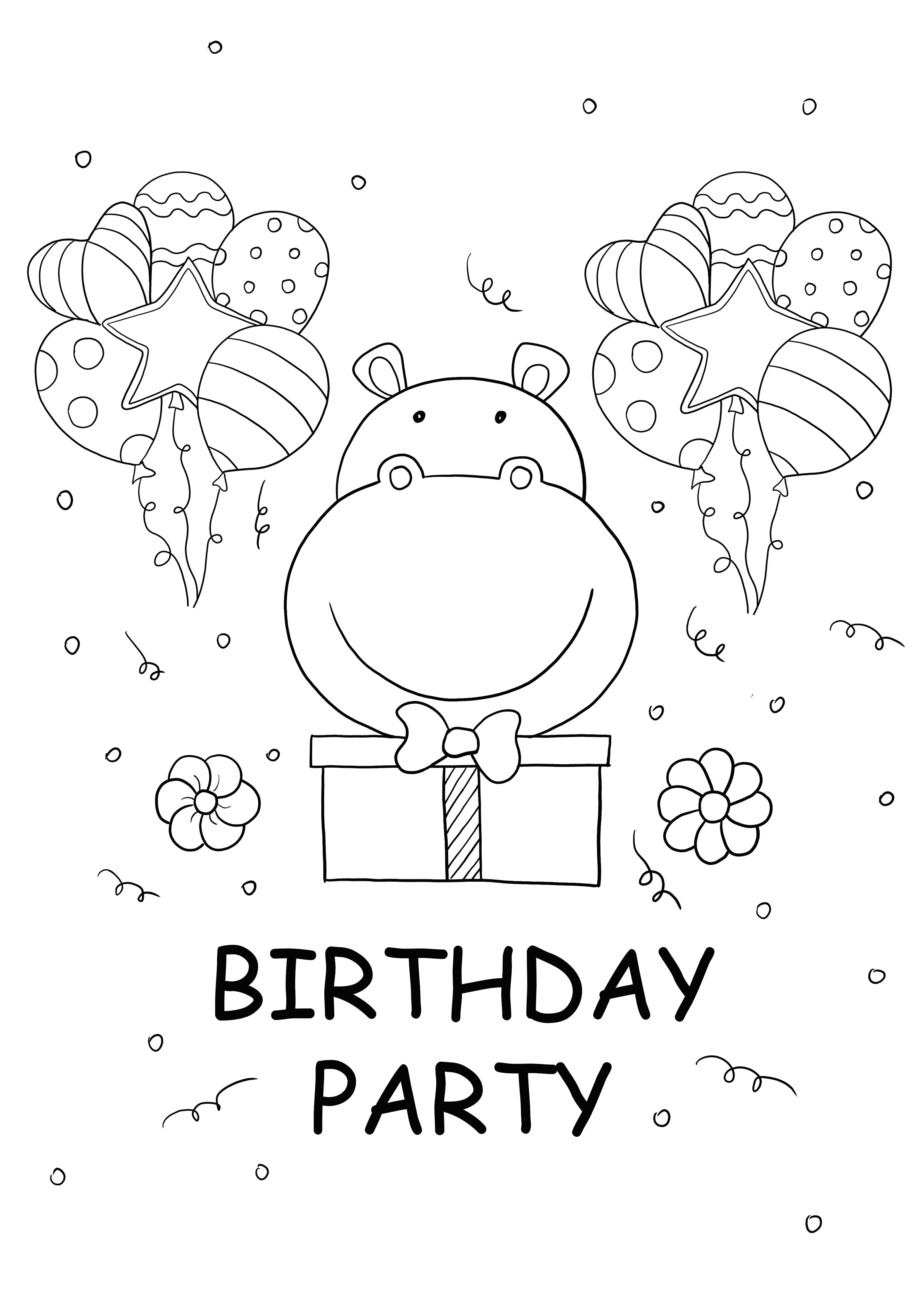 afbeelding van nijlpaard en verjaardagsfeestje gratis af te drukken kleurplaat