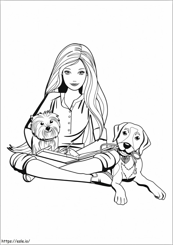 Coloriage Barbie et deux chiens à imprimer dessin