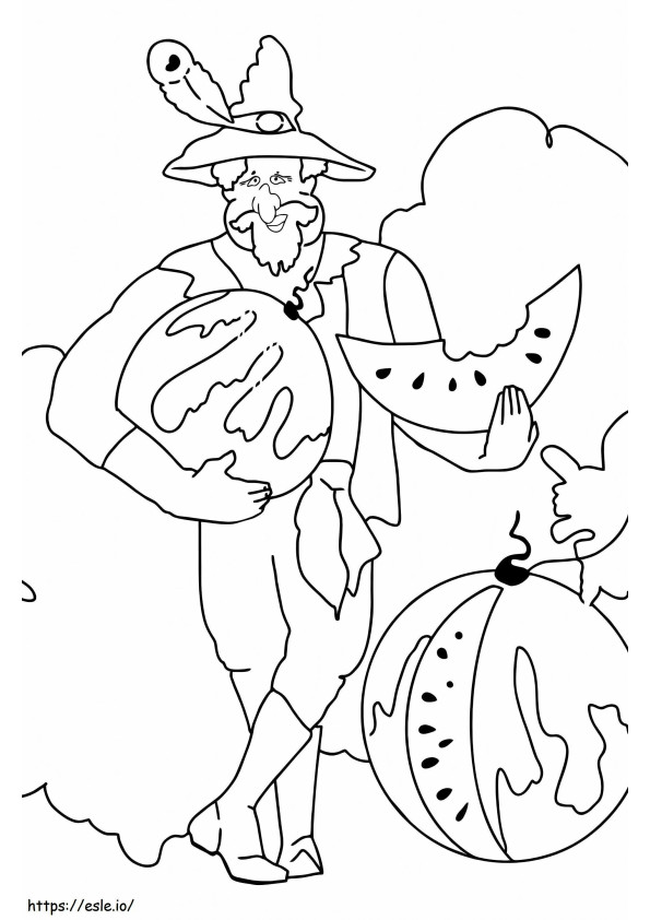 Coloriage vieil homme, manger, pastèque à imprimer dessin
