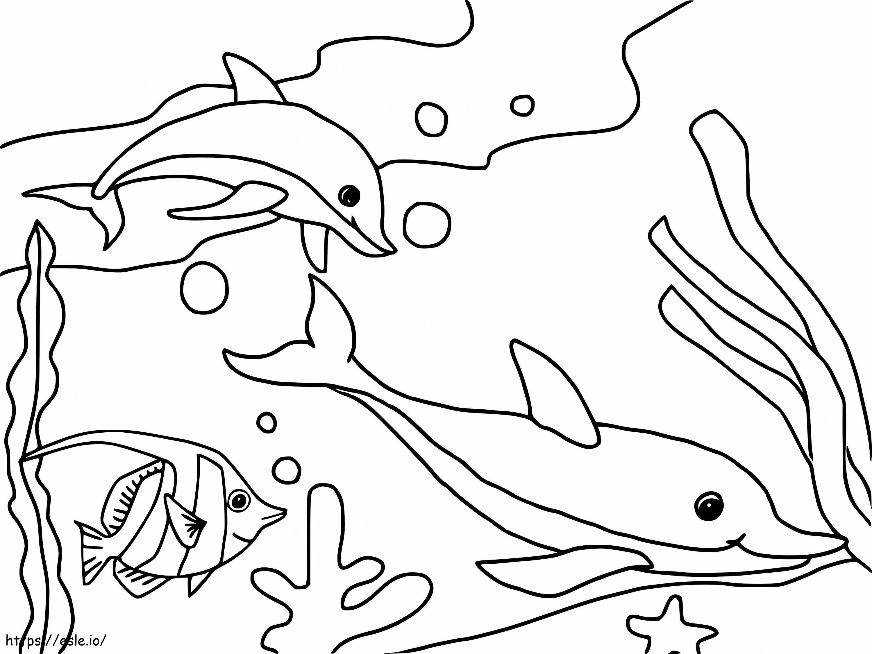2 頭のイルカと魚 ぬりえ - 塗り絵