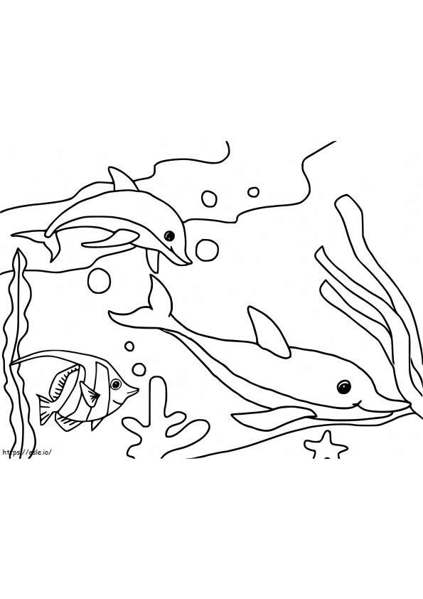 Coloriage Deux dauphins et poissons à imprimer dessin