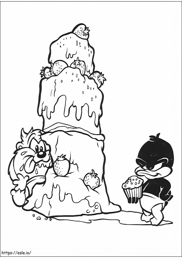 Coloriage  Baby Taz Baby Daffy avec gros gâteau A4 à imprimer dessin
