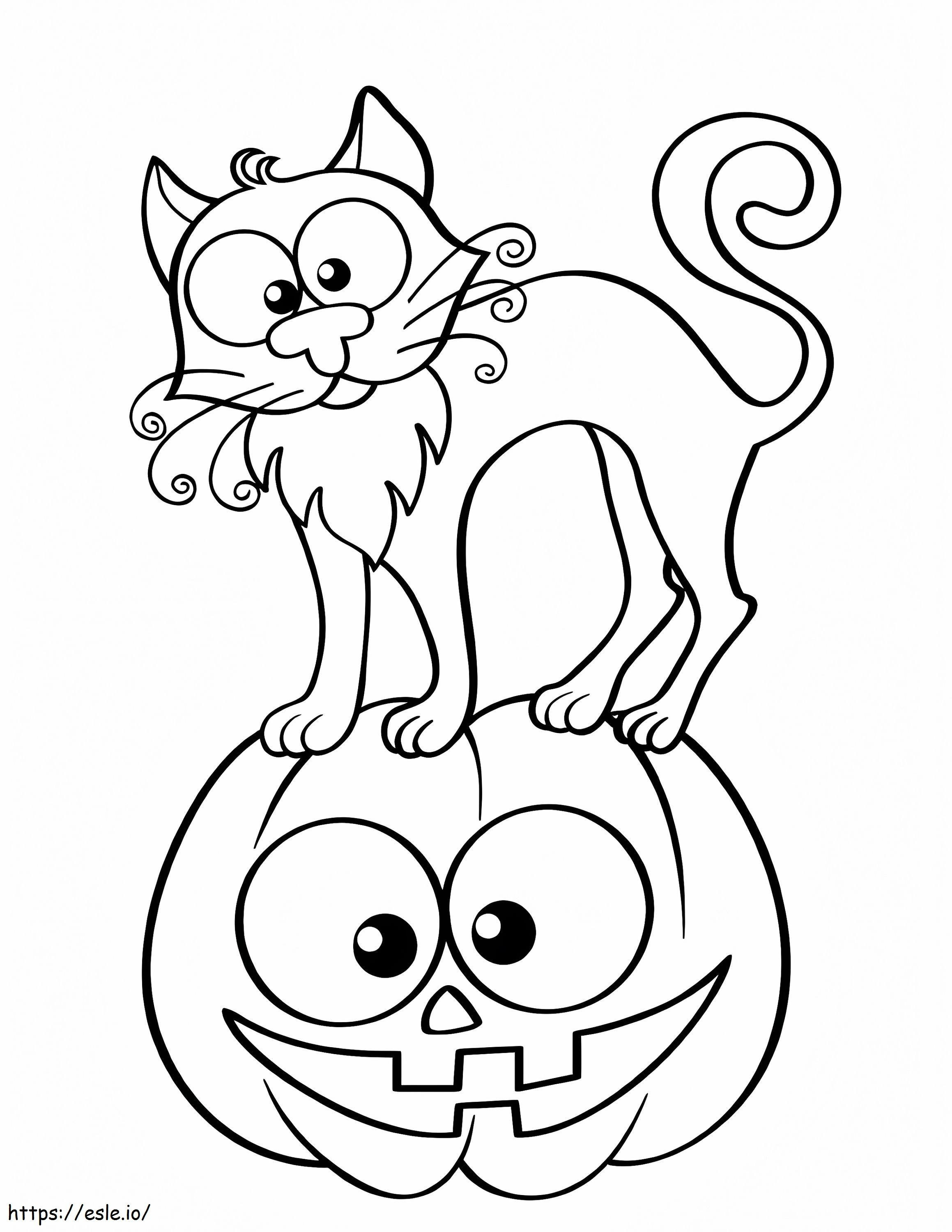 Gato de desenho animado em pé na abóbora para colorir
