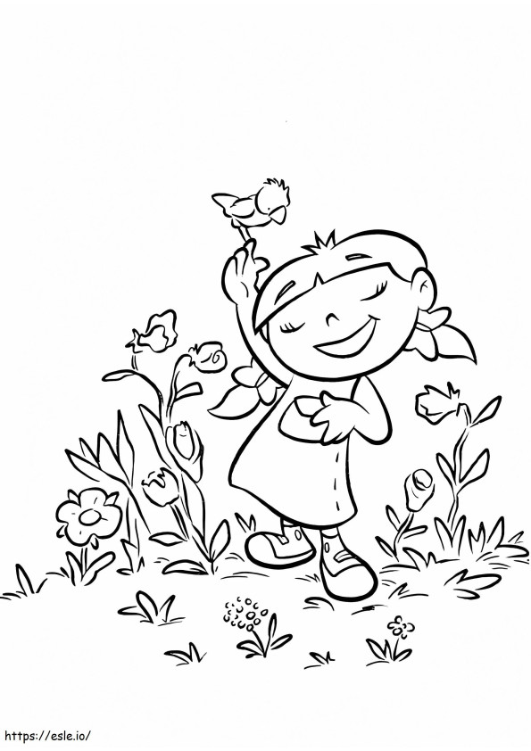 Coloriage  Annie avec oiseau A4 à imprimer dessin