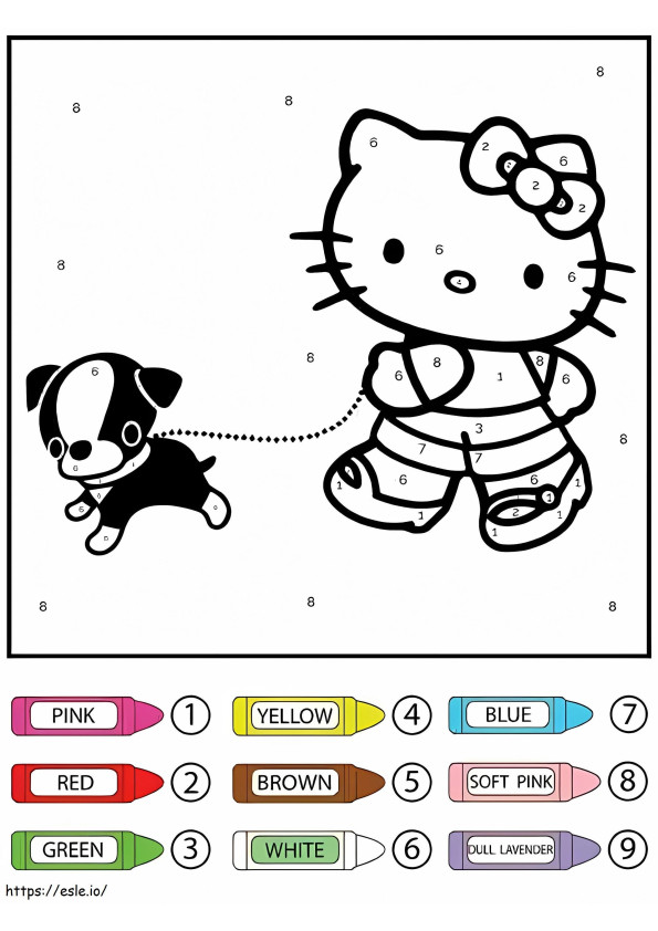 Hello Kitty e cor de animal de estimação por número para colorir