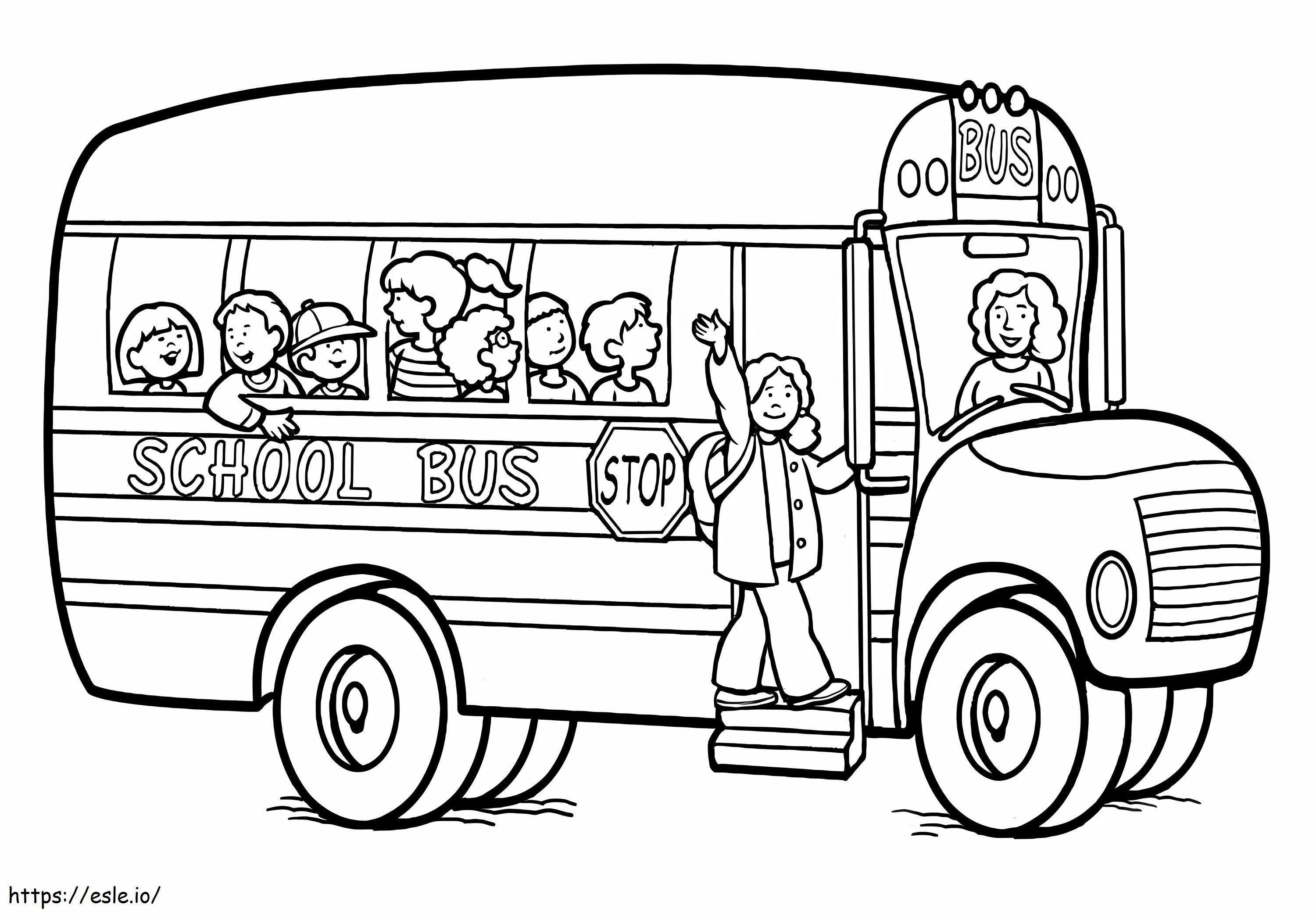 Alunos no ônibus escolar em escala para colorir