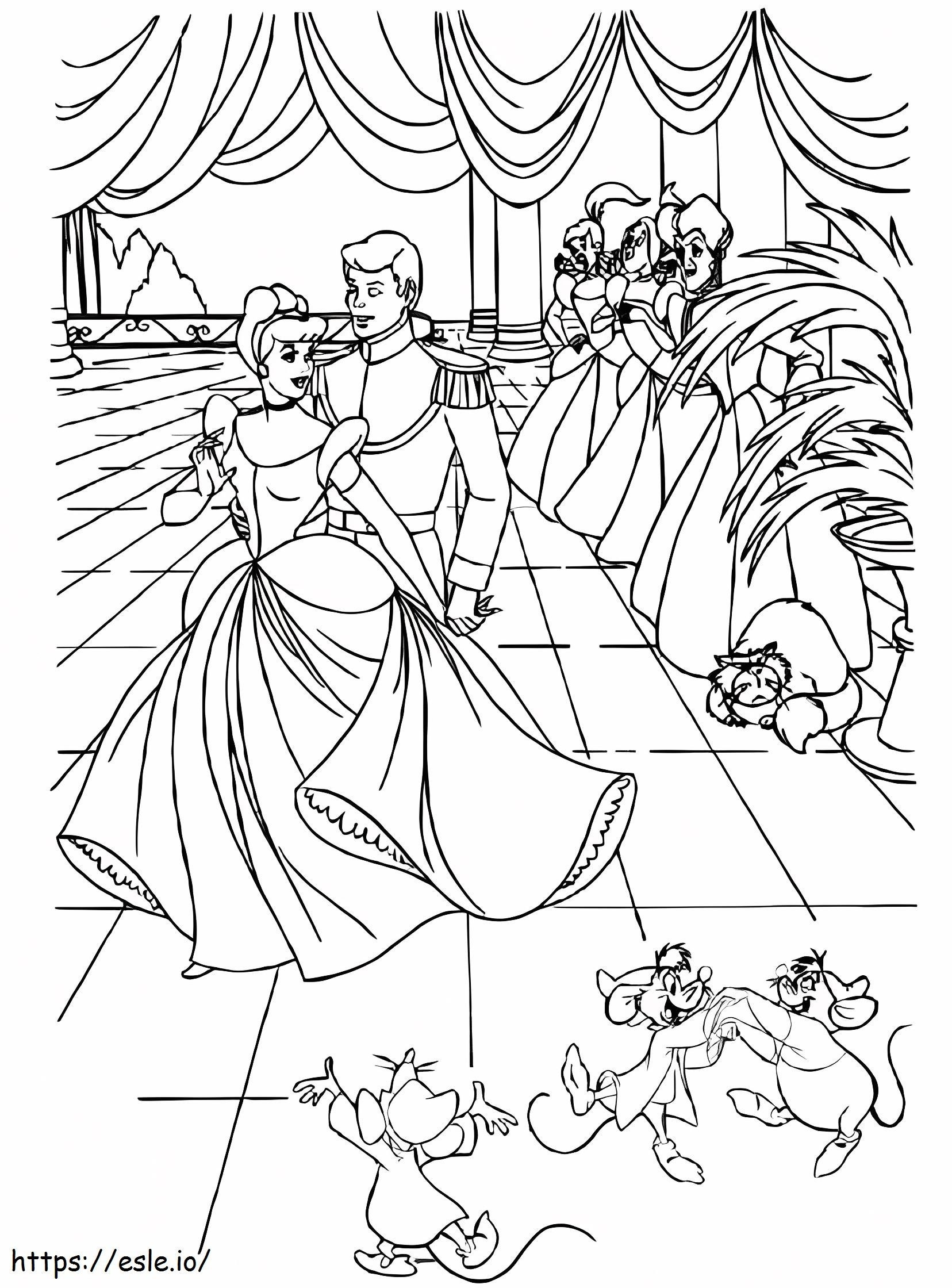 Cinderela e o príncipe no baile para colorir