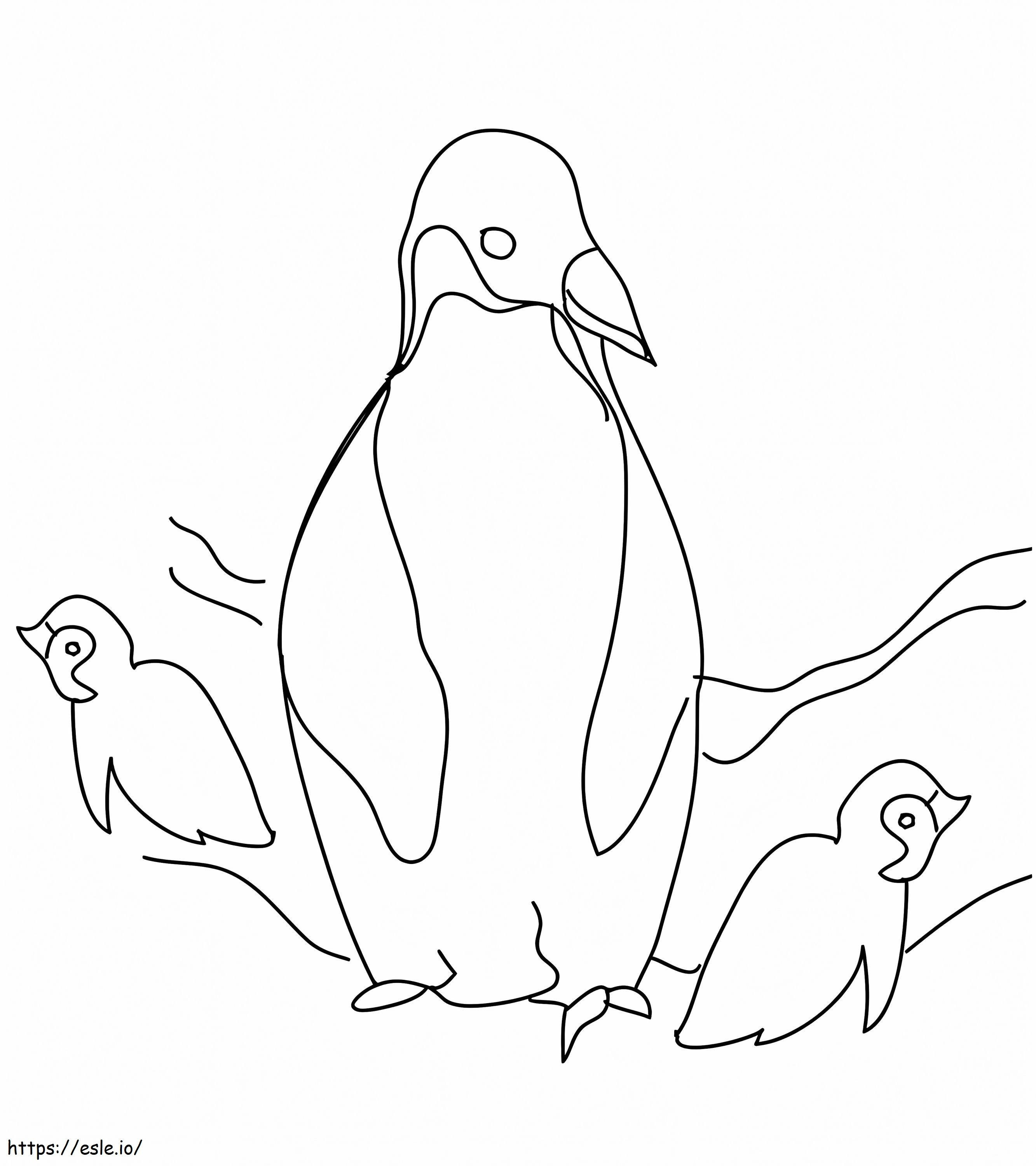 Äitipingviini ja kaksi pingviininvauvaa värityskuva