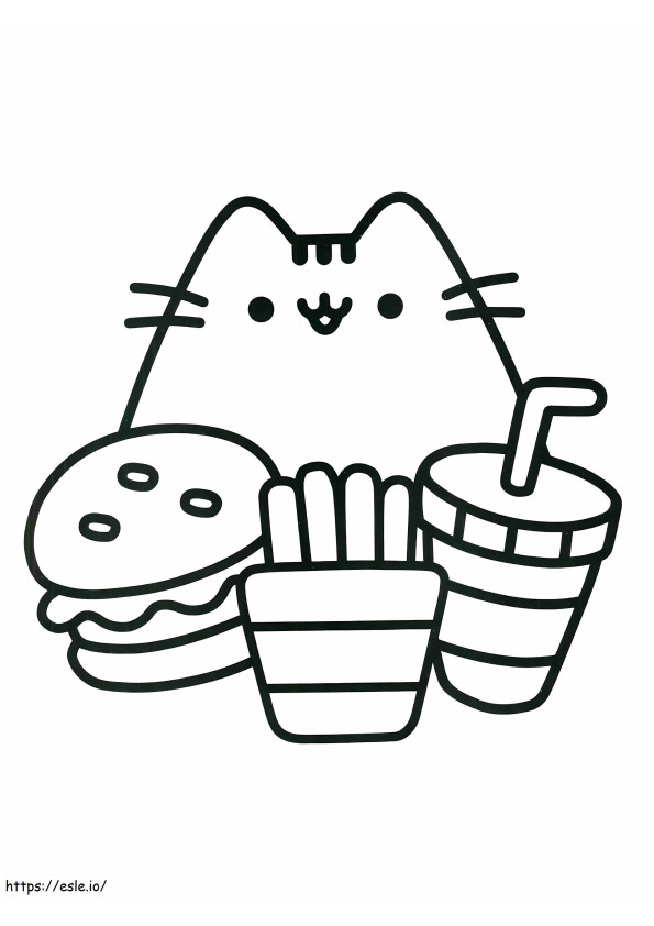 Pusheen kissa ruoan kanssa värityskuva