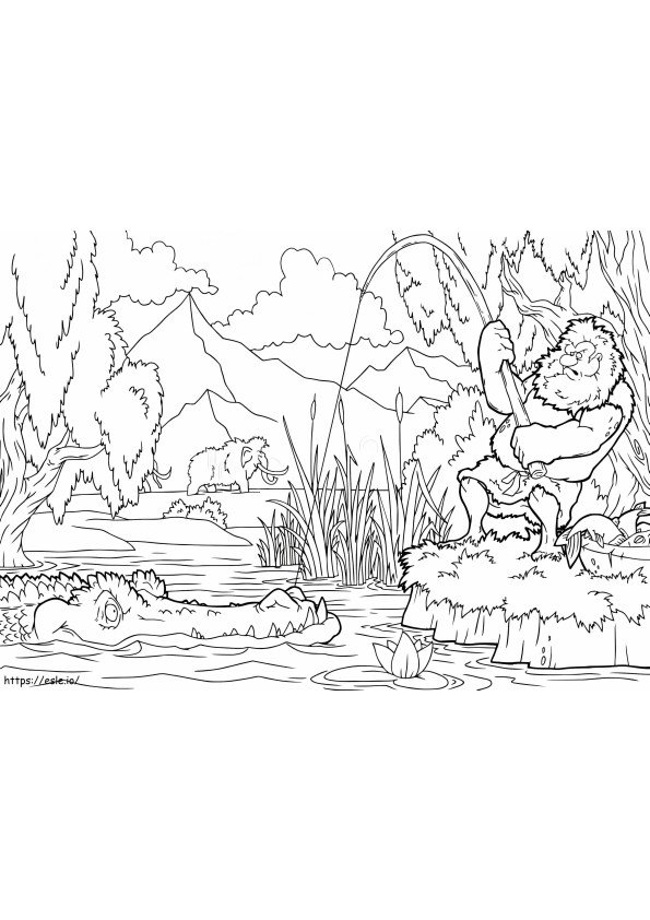 Caveman Fishing Crocodiles coloring page