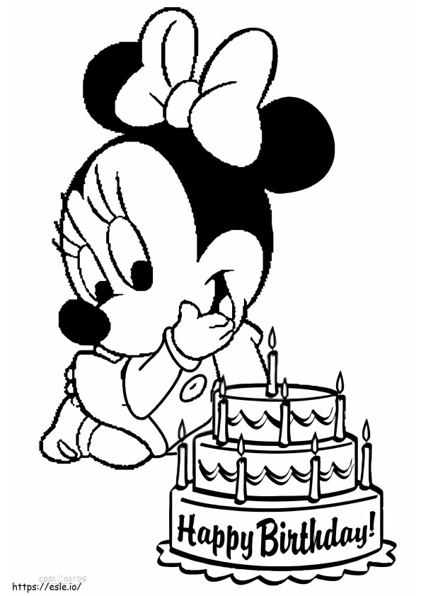 Bebé Minnie Mouse Y Pastel De Cumpleaños para colorear