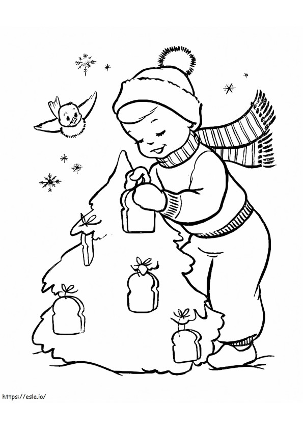Christmas Tree With A Boy coloring page