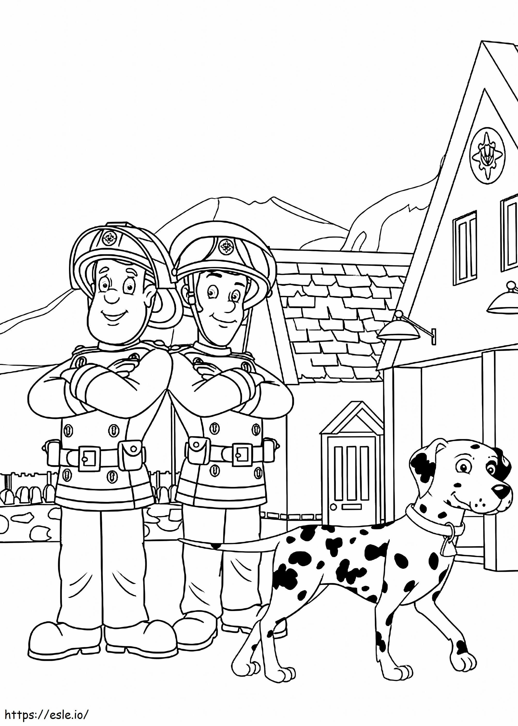 消防士のサムとそのチームメイトと犬 ぬりえ - 塗り絵
