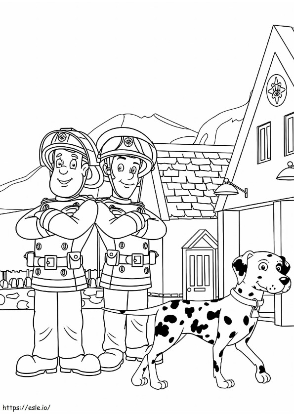 Coloriage Sam le pompier et ses coéquipiers avec un chien à imprimer dessin