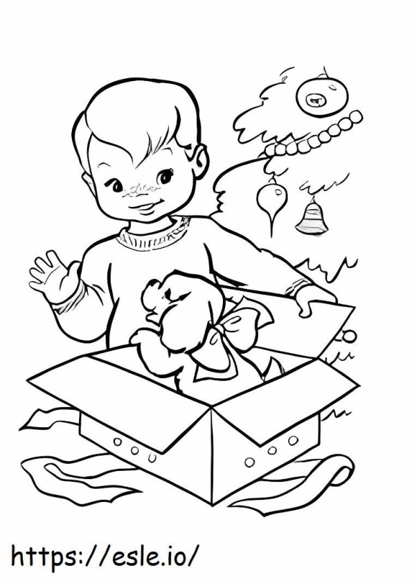 Poika ja lelut lahjapakkauksella värityskuva