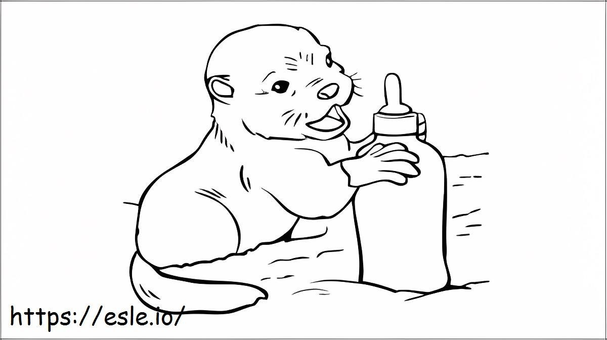 ミルクのボトルを保持している赤ちゃんカワウソ ぬりえ - 塗り絵