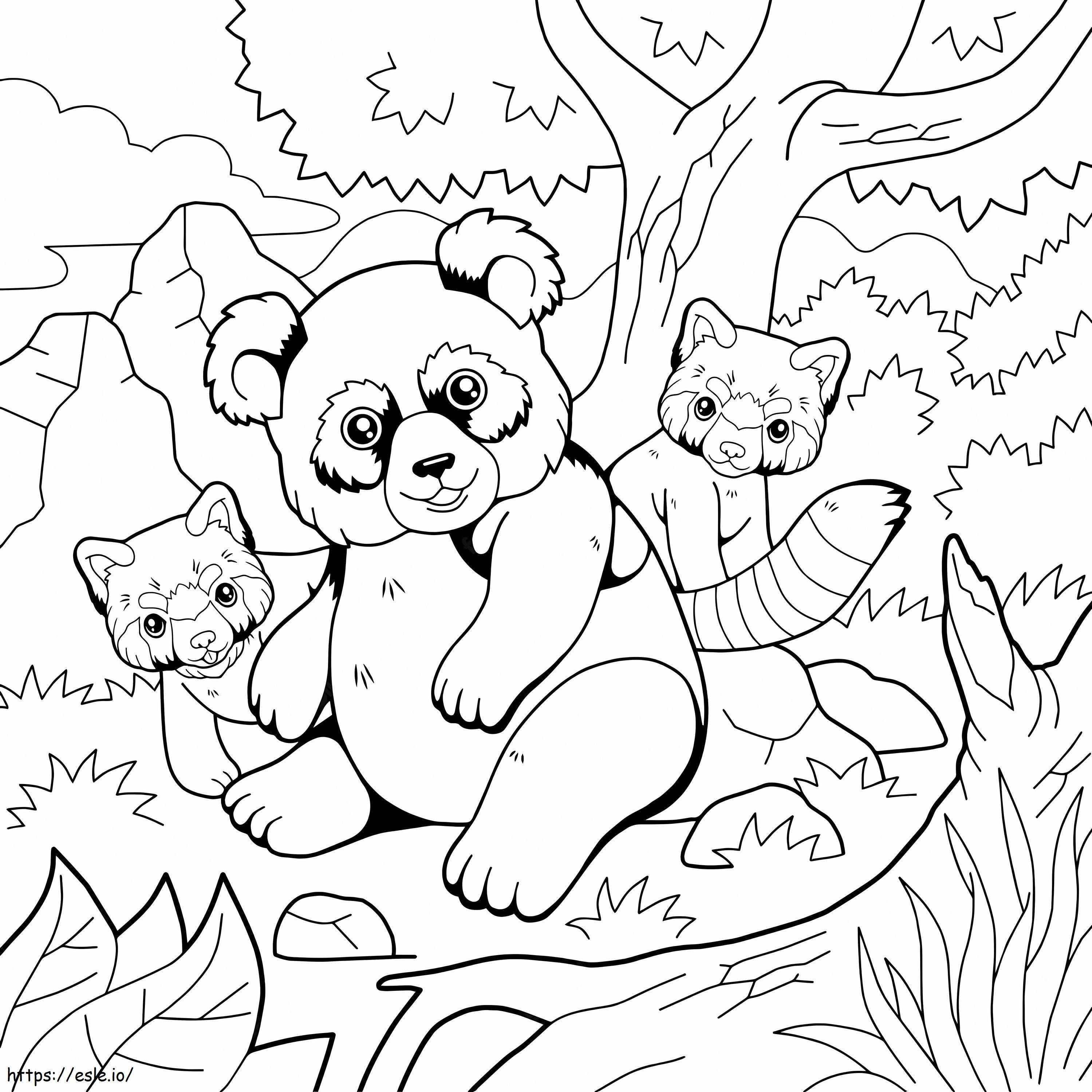 Mamá Panda y dos bebés pandas para colorear