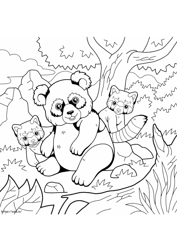 母親パンダと2頭の赤ちゃんパンダ ぬりえ - 塗り絵