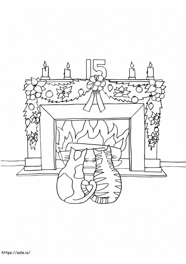 Two Cats And Fireplace coloring page