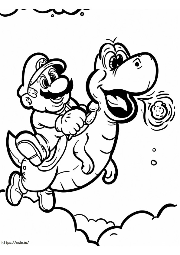 Yoshi y Super Mario volando para colorear