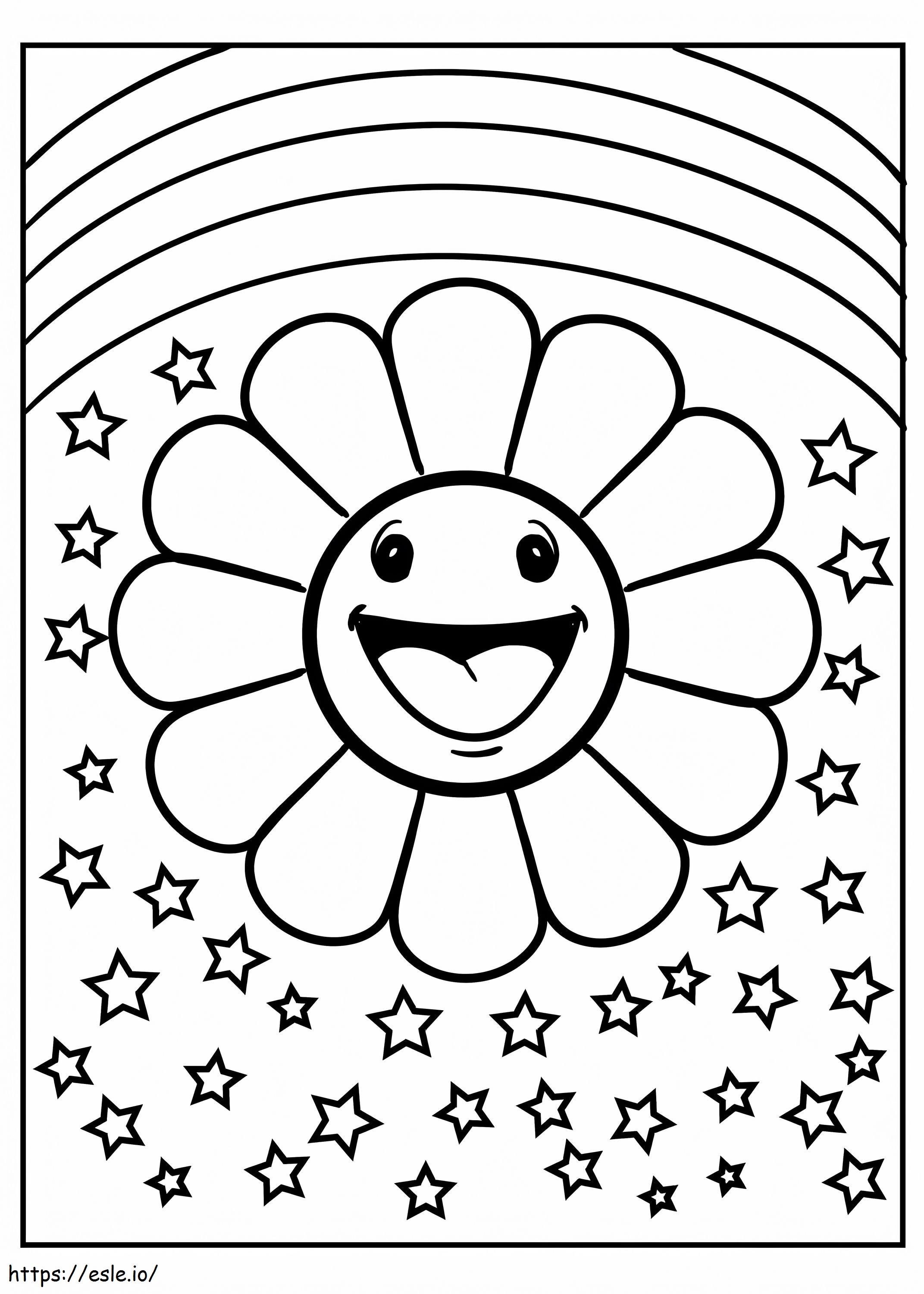 Flor divertida com arco-íris e estrelas para colorir