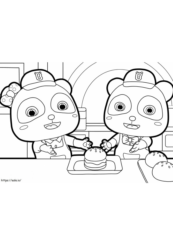 Coloriage Kiki et Miumiu mangent un hamburger à imprimer dessin