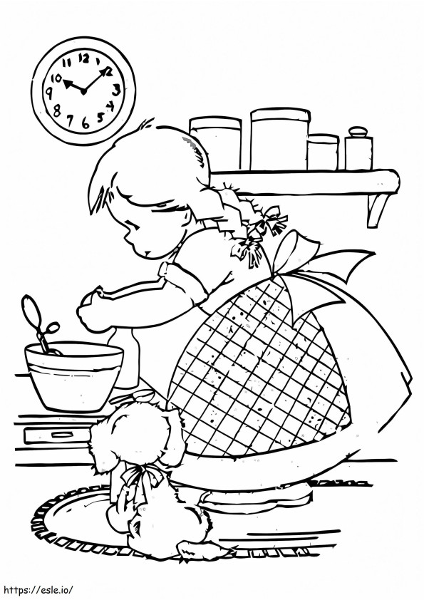 Menina cozinhando e cachorro na cozinha para colorir