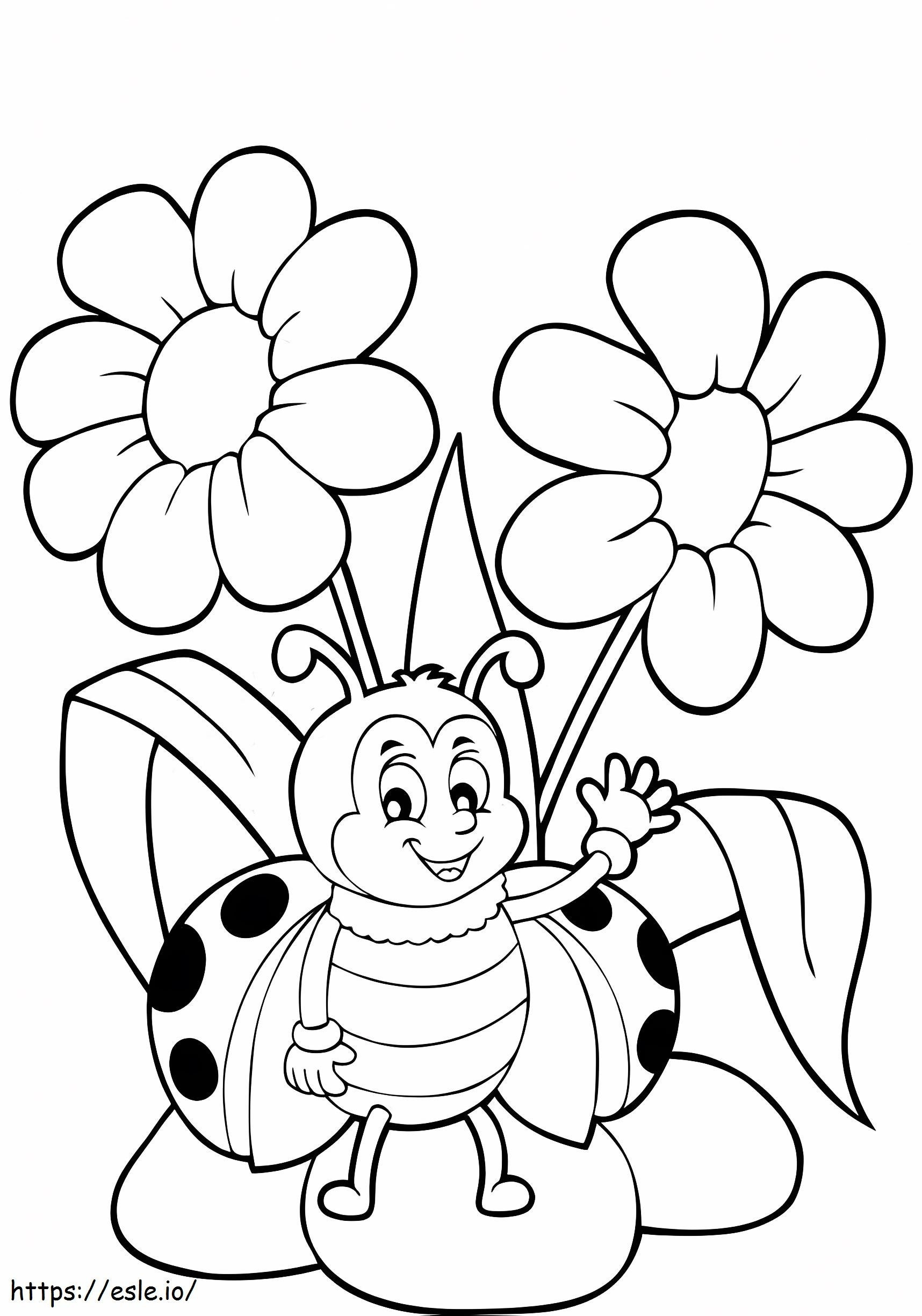 Funny Ladybug With Flower In Spring coloring page
