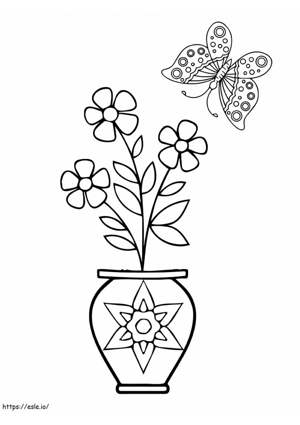 Coloriage Vase à fleurs facile et papillon à imprimer dessin