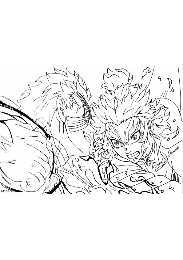 Akaza ja Kyojuro Rengoku taistelevat värityskuva