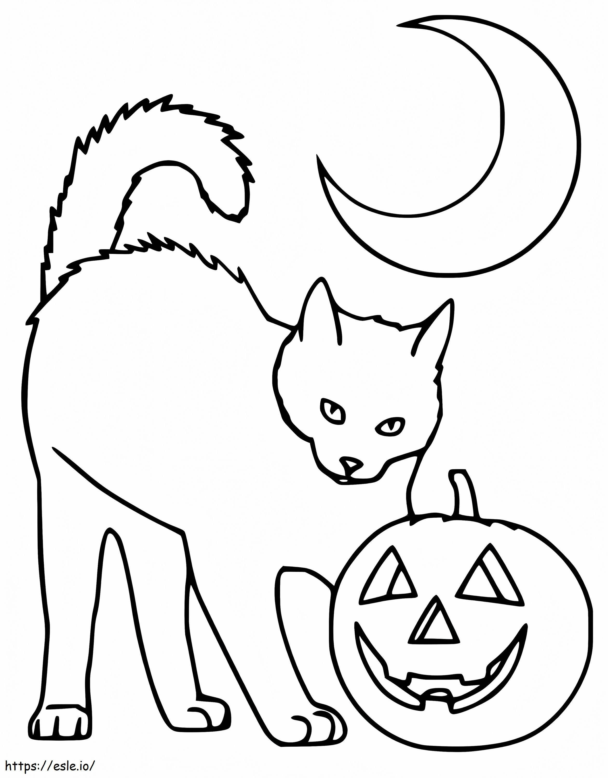 Gato com abóbora e lua para colorir