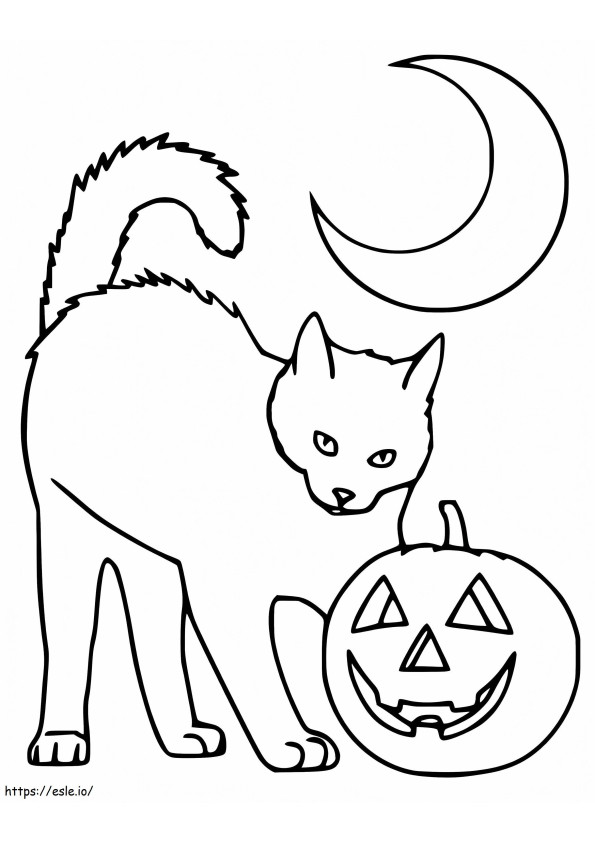 Coloriage Chat avec citrouille et lune à imprimer dessin