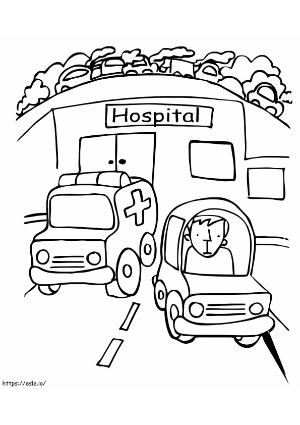 Ambulanssi ja sairaala värityskuva