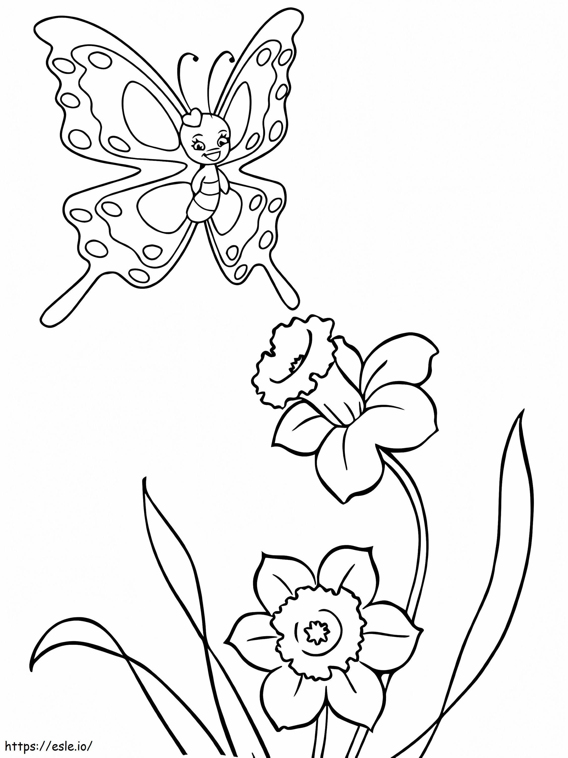 水仙の花と蝶 ぬりえ - 塗り絵