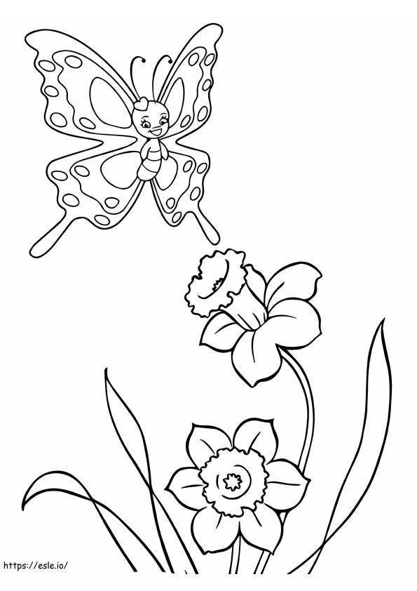 narciso, flores, y, mariposa para colorear