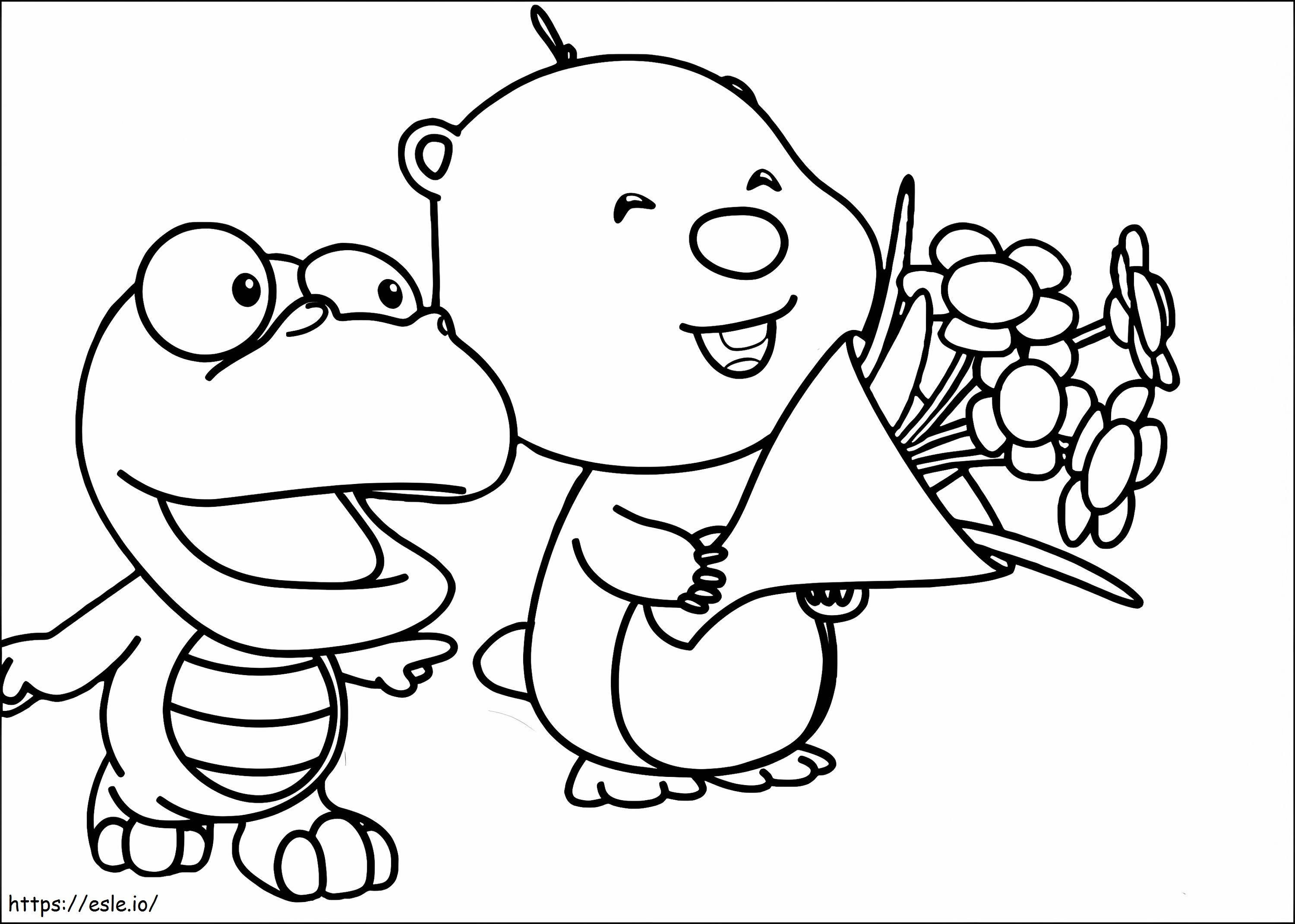 Coloriage Crong et Loopy tenant un bouquet à imprimer dessin